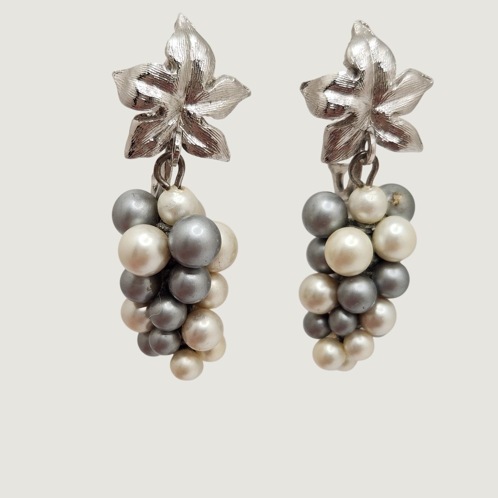Vintage Grape Cluster Clip On Earrings Faux Pearl Dangle Autumn Cottagecore